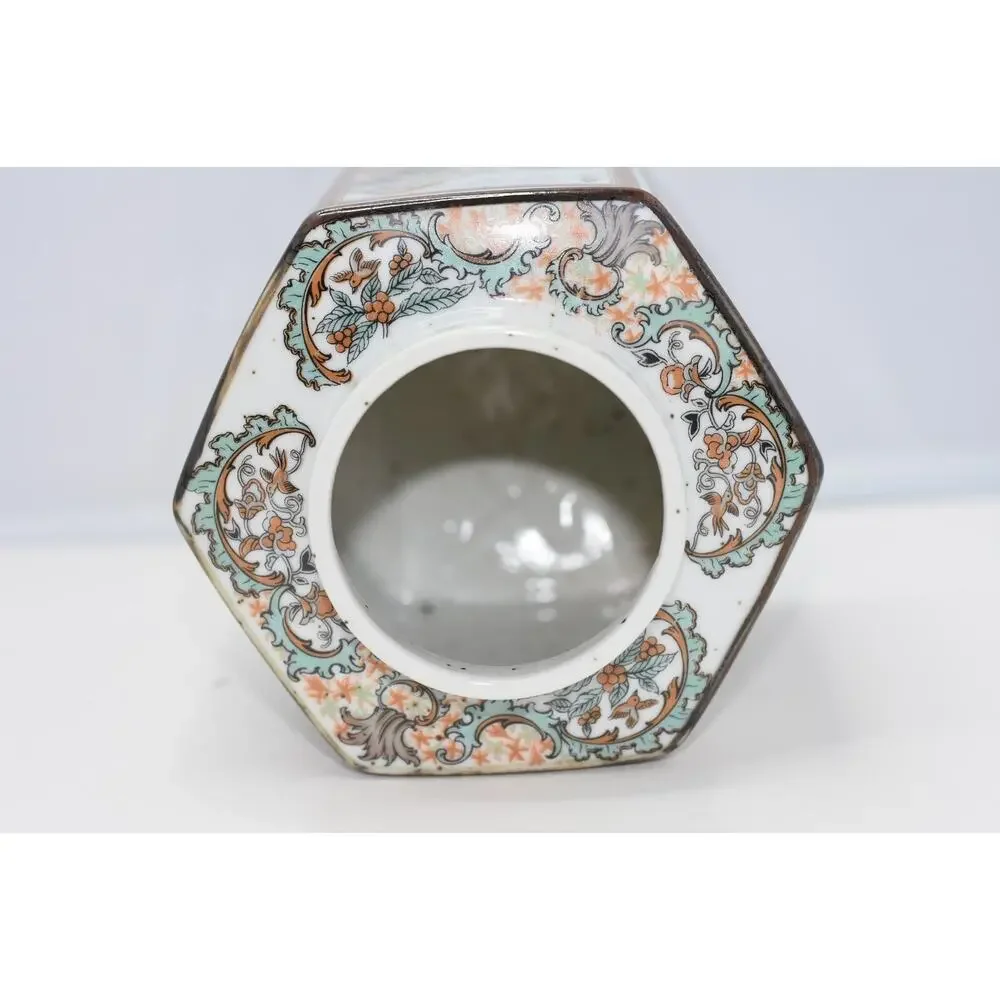 Japanese Enameled Porcaline Hand Painted Sansui Hexagon Nippon Vase